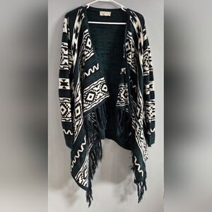 Cloud Chaser Green, Black and Cream Patterned Fringe Cardigan, XL